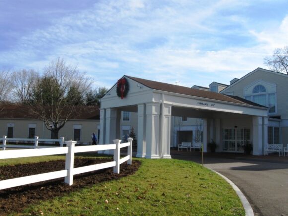 The impressive portico at the entrance of Essex Meadows.