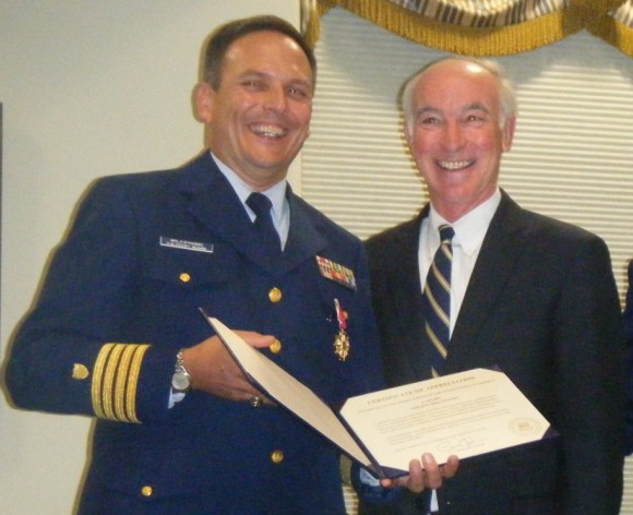 At his retirement celebration from the US Coast Guard Academy (USCGA), Dr. Vincent Wilczynski (left) stands with US Rep. Joe Courtney in this file photo. Wilczynski has been named a Class of 1953 Fellow for 2013 by the USCGA.