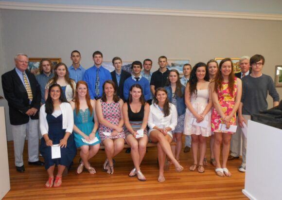 MacCurdy Salisbury awardees gather for a photo.  From left to right, seated are: Maria Awwa, Veronica Lee, Jennifer Kowalski, Lauren Colburn and Lindsey Scott; standing: Foundation President Ned Perkins, Christian Tompkins, Georgia Male, Jackson Bennett, Vincent Angeli, Erik Carlson, Anthony Goncalves, James Hubbard, Tim Shoemaker, Allyson McCarthy, Jabez Crook, Blaise Berglund, Caroline Tompkins, Rebecca Tompkins, Foundation President Rowland Ballek, Gregory Garrison. Absent when photo was taken were: Gunnar Abrahamsson, Mollee Labriola and Taylor Teixeira. 