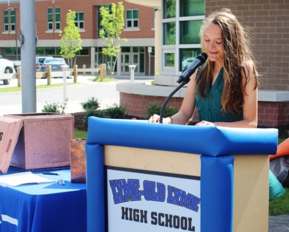 Local History Club President Alison Scott addresses guests at the time capsule ceremony.
