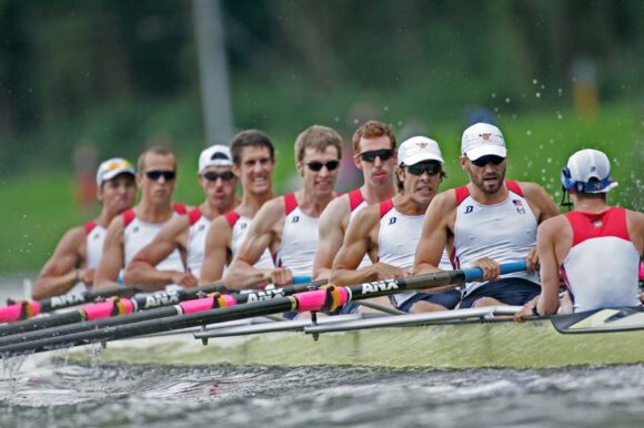 Austin Hack, fourth from left, is hard at work in this file photo of the US Men's U23 Eight.