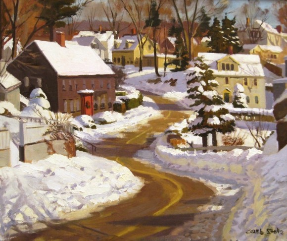 'Winter Moning, Annisquam Village" by Caleb Stone is the signature work of the 'Deck the Walls' exhibition at the LAA.