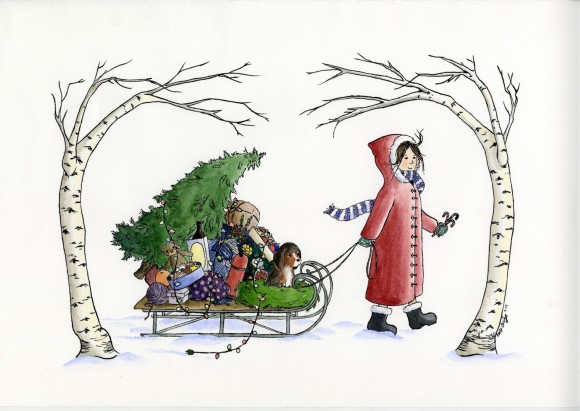 Prints of 'Holiday Cheer' (pen, ink and watercolor) by senior Emily Bridge will be on sale at the show.