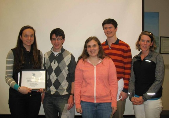 LOLHS members (from left to right) Isabel Ritrovato, Hugh Cipparone, Madalyn Gibson-Williams, Philip Hallwood and club adviser Heather Fried were honored as 2013 Volunteers of the Year at  the Old Lyme Land Trust's Annual Meeting last Sunday.