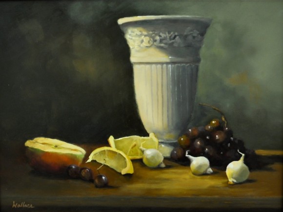 Joan Wallace's 'Still Life with White Vase' in oil, 12" x 16", is one of the signature paintings at the LAA.