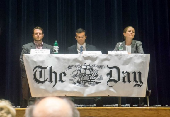 Colin Bennett (Green Party), Republican Senator Art Linares and Democratic challenger Emily Bjornberg in first campaign debate