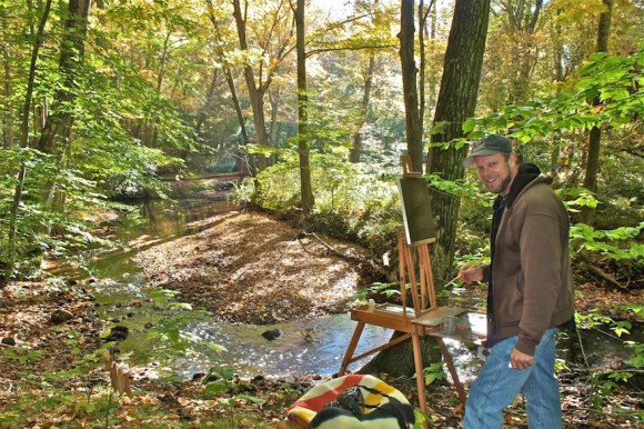 A plein air painter in Lyme Land Trust’s Banningwood Preserve in Hadlyme on Columbus Day Weekend during the 2014 Celebrating Lyme’s Beauty Paint-Out.
