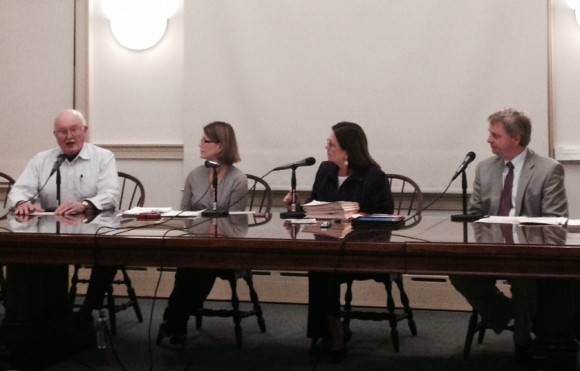 Old Lyme Historical Society Co-Chair Mark Lander (left) explains the history of 'The Loving Parting' to the Old Lyme Board of Selectmen.