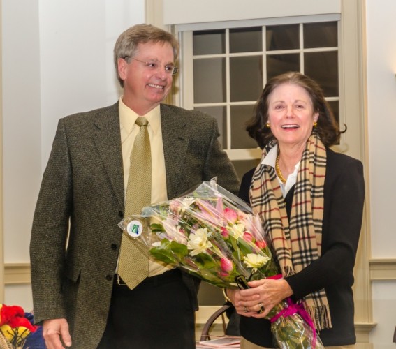 Old Lyme's 2014 Citizen of the Year Lynn Fairfield-Sonn stands with Selectman Arthur "Skip" Sibley at yesterday's Town Meeting immediately after the award was announced. All photos by Nigel Logan.