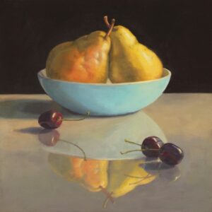 'Blue Bowl with Pears' (oil) by Eileen Eder is the signature painting for the 'Holding Still' exhibition.