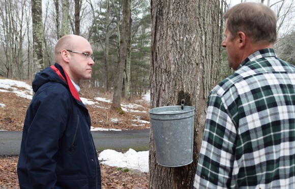 Rep. Carney looks at the maple sugar facility in old Lyme from the outside.