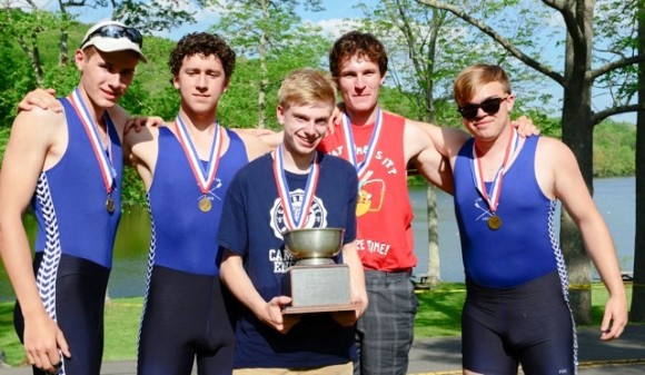 The Spoils of Victory: The boy's varsity 1st four (from left to right) Harry Godfrey Fogg, Jeremy Newton, Tom Crisp, Liam Corrigan (stroke) and Josh Swanski.
