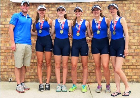 The girls 2nd boat pose with their coach Steve Baranoski and their medals. From left to right, Lauren Dolishny, Alexis Kolar, Caleigh O'Neil, Hannah Wilczewski and Francesca Melluzzo (cox).