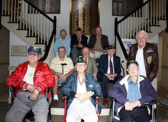 Photographed on Patriot Day, September 11, 2015 are WWII veterans (from left to right) are (front row) Norman Emerson, Thomas Clements and Francis Fetrow; (second row) George King, George Hunt, James (Tim) Keenan and Edmund Wolcott;(standing); (third row: Janet Littlefield, James Noyes and Page Wodell.
