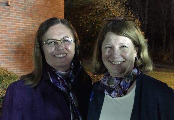First Selectwoman Bonnie Reemsnyder (left) and Selectwoman Mary Jo Nosal celebrate their respective re-elections to the Old Lyme Board of Selectmen.