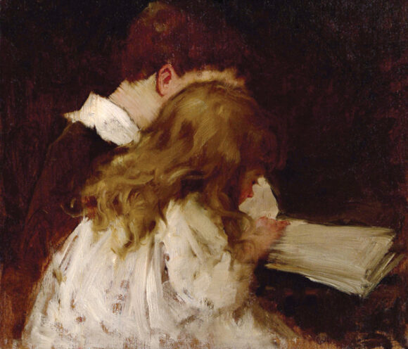 This painting, 'Storytime', is the signature image of the 'All Paintings Great and Small' exhibition, which opens tonight at The Cooley Gallery.