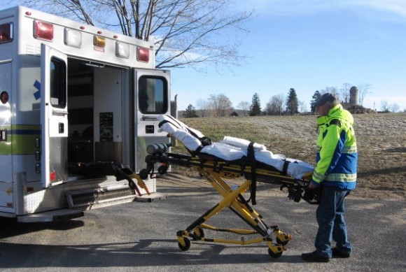 The new stretcher system facilitates moving a patient into an ambulance.