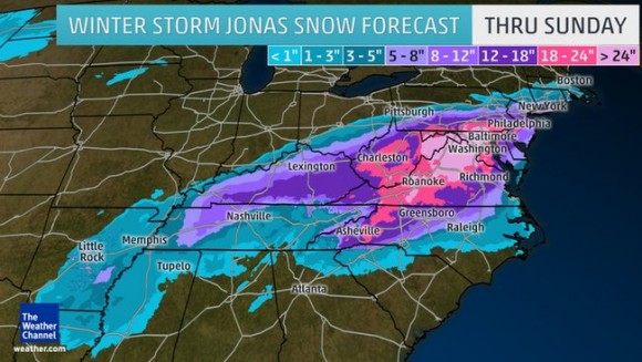 Predicted snowfall totals from Winter Storm Jonas