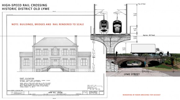 Rendering by Robin Breeding of the high-speed train in Old Lyme drawn/created to scale.