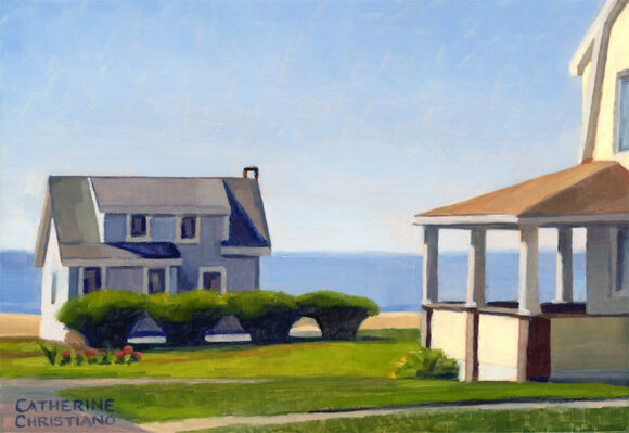 Featured in the Gallery One exhibition at the Guilford Art Center is "Cottages, White Sands Beach #9" by Catherine Christiano, oil on panel, 4 1/4 x 6 inches, 2014.