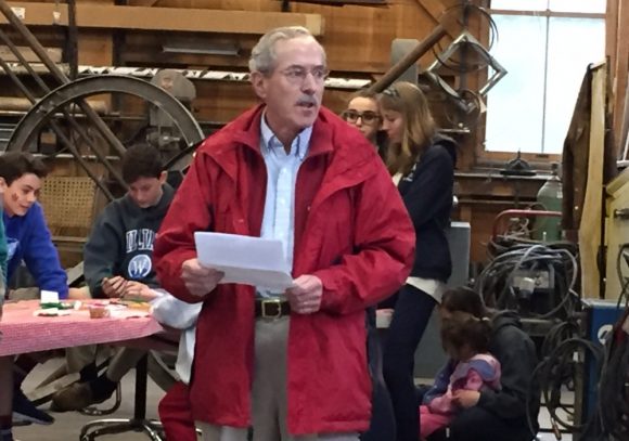 BJ Bernblum reads Old Lyme First Selectwoman Bonnie Reemsnyder's statement to the audience.