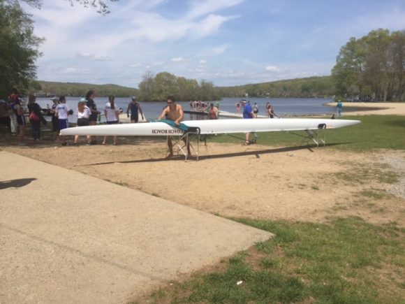 Moving the "Coach Roach" into the waters of Rogers Lake.