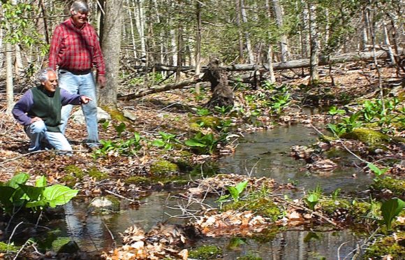Lyme Land Trust Preservation Chairman Anthony Irving, kneeling, and Vice President Don Gerber next to Whalebone Creek in the proposed Hawthorne Preserve in Hadlyme.