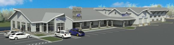 Designer's rendering of front aerial view of new Reynold's Subaru facility. Completion is scheduled for July 2017.