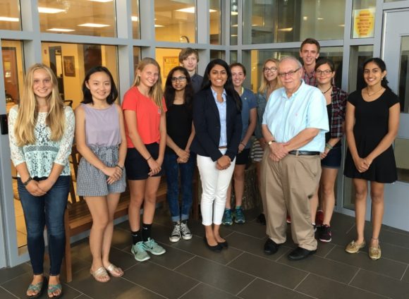 Connecticut Voice's Executive Board gathers for a photo, From left to right (back row), Kelley Gifford, Haoyi Wang, Hannah Lamb, Priya Mistri, KaltenReese Hasankolli, Izzy King, Hailey Jimenez, Gary Bocian from Lyme-Old Lyme High School, Alexandra Chitwood, Evani Dalal; (front row), Isha Dalal (founder) and Stephen Armstrong (advisor). 