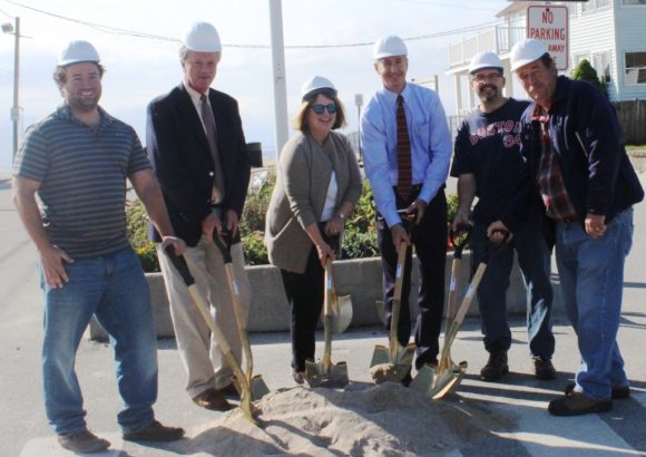 From left to right,Ken Golden from B&W Paving and Landscaping, Sound View Commission Chairman and SVIC member Frank Pappalardo, Old Lyme Selectwoman Mary Jo Nosal, Kurt Prochorena Principal and Civil Engineer from the engineering design firm The BSC Group, Stuart Greacen and Ed Steward from WMC-the project inspection firm.
