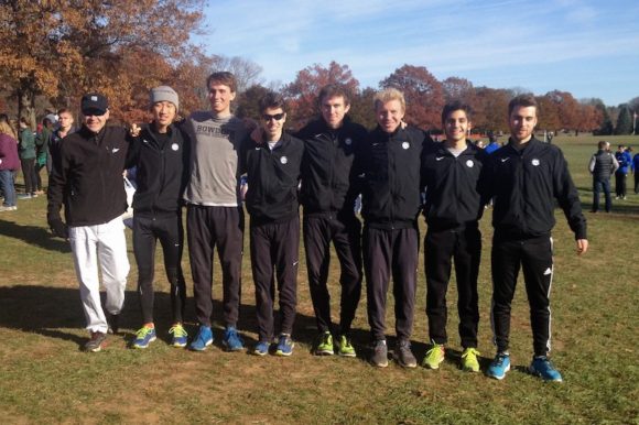 This photo shows the Bowdoin Mens Cross-country team. Nick Walker is fourth from the right. 